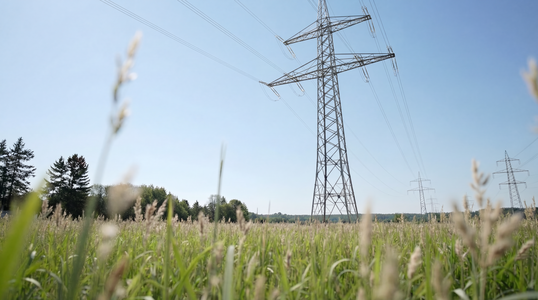 Hochspannungsmasten und Stromleitungen über einem Feld mit hohem Gras